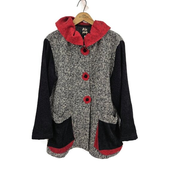 A La Mode by Xiao Artsy Jacket Womens XS Black Red Lagenlook Pocket Button Front - Picture 1 of 5